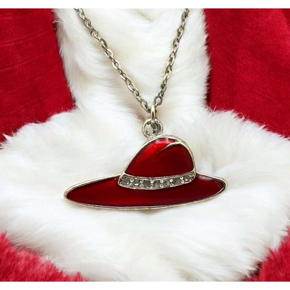 Vintage Red Hat Society Pendant Necklace with Rhinestone Accents Silver Tone